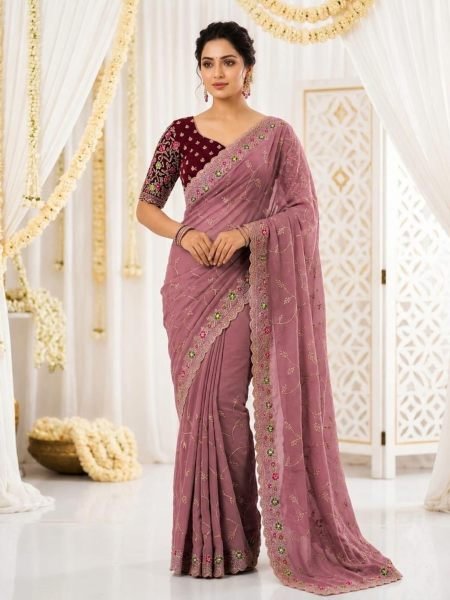 Legendary Mauve Star Georgette Saree with Heavy Multi Embroidery Work at Wholesale Rate Sarees 