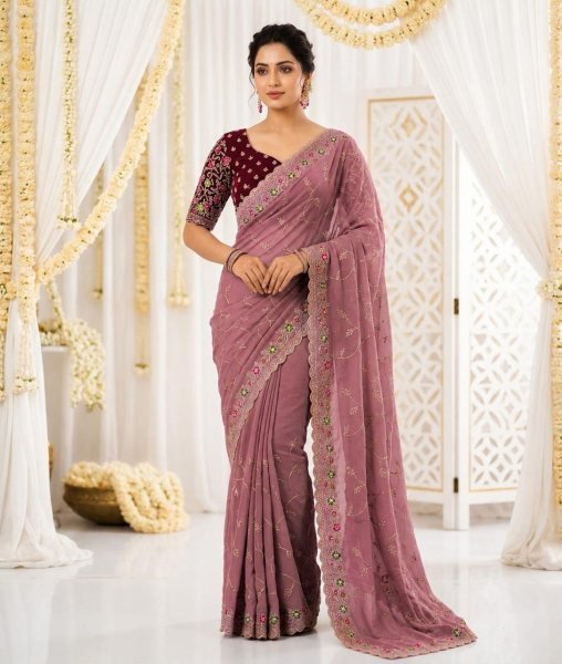 Legendary Mauve Star Georgette Saree with Heavy Multi Embroidery Work at Wholesale Rate Embroidery Sarees Wholesale