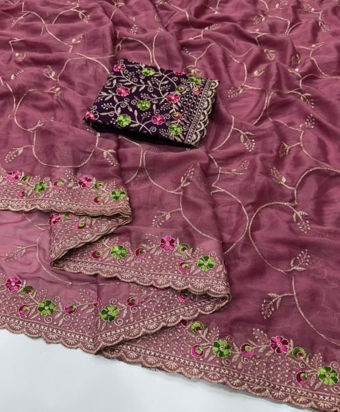 Legendary Mauve Star Georgette Saree with Heavy Multi Embroidery Work at Wholesale Rate Embroidery Sarees Wholesale