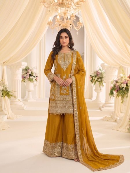 Legendary Mustard Yellow Boutique Style Heavy Chinon Embroidered Sharara Suit Set for Wedding 