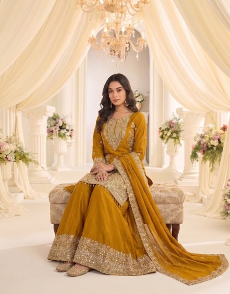 Legendary Mustard Yellow Boutique Style Heavy Chinon Embroidered Sharara Suit Set for Wedding Designer Plazzo Salwar Suits Wholesale