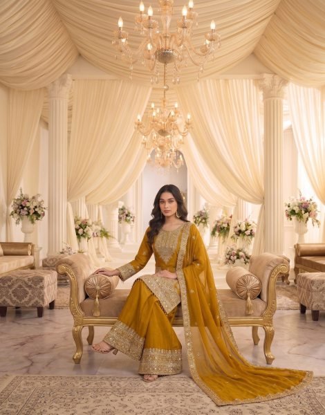 Legendary Mustard Yellow Boutique Style Heavy Chinon Embroidered Sharara Suit Set for Wedding Designer Plazzo Salwar Suits Wholesale