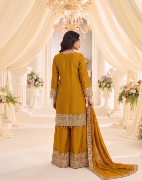 Legendary Mustard Yellow Boutique Style Heavy Chinon Embroidered Sharara Suit Set for Wedding Designer Plazzo Salwar Suits Wholesale