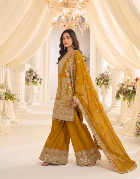 Legendary Mustard Yellow Boutique Style Heavy Chinon Embroidered Sharara Suit Set for Wedding Designer Plazzo Salwar Suits Wholesale