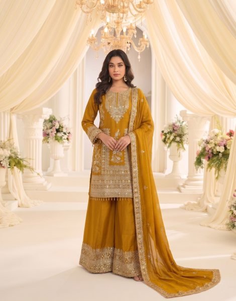 Legendary Mustard Yellow Boutique Style Heavy Chinon Embroidered Sharara Suit Set for Wedding Designer Plazzo Salwar Suits Wholesale