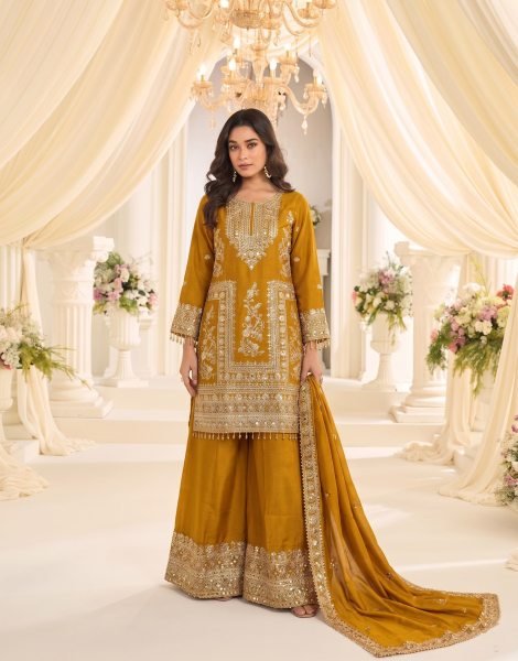 Legendary Mustard Yellow Boutique Style Heavy Chinon Embroidered Sharara Suit Set for Wedding Designer Plazzo Salwar Suits Wholesale
