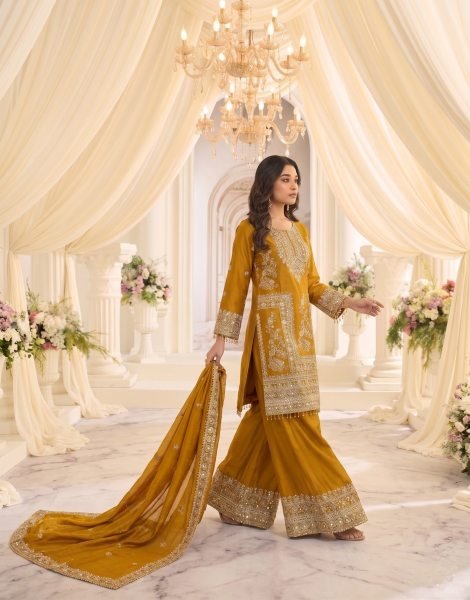 Legendary Mustard Yellow Boutique Style Heavy Chinon Embroidered Sharara Suit Set for Wedding Designer Plazzo Salwar Suits Wholesale