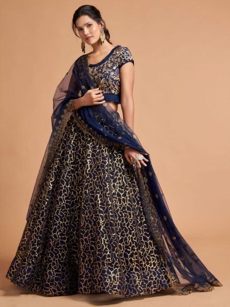 Legendary Navy Blue Soft Net Bridal Lehenga with Sequins Embroidery Work  Lehenga