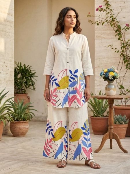 Legendary Off White Blue Flower Cotton Co Ord Set for Office and Travel Wear Kurtis