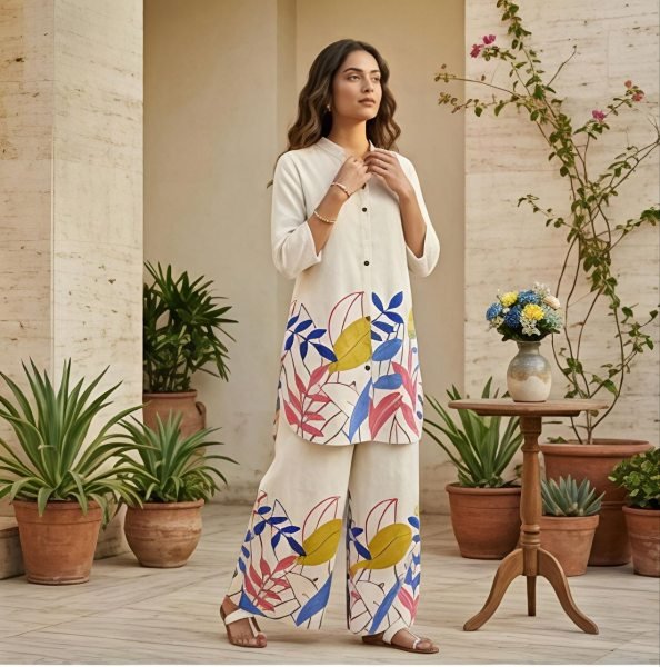 Legendary Off White Blue Flower Cotton Co Ord Set for Office and Travel Wear CO ORD Sets