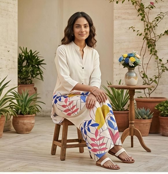 Legendary Off White Blue Flower Cotton Co Ord Set for Office and Travel Wear CO ORD Sets