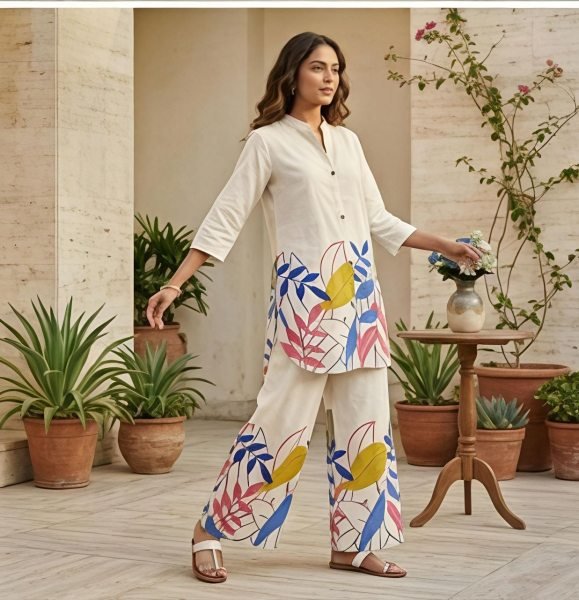 Legendary Off White Blue Flower Cotton Co Ord Set for Office and Travel Wear CO ORD Sets