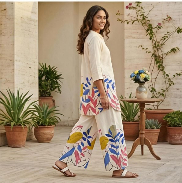 Legendary Off White Blue Flower Cotton Co Ord Set for Office and Travel Wear CO ORD Sets
