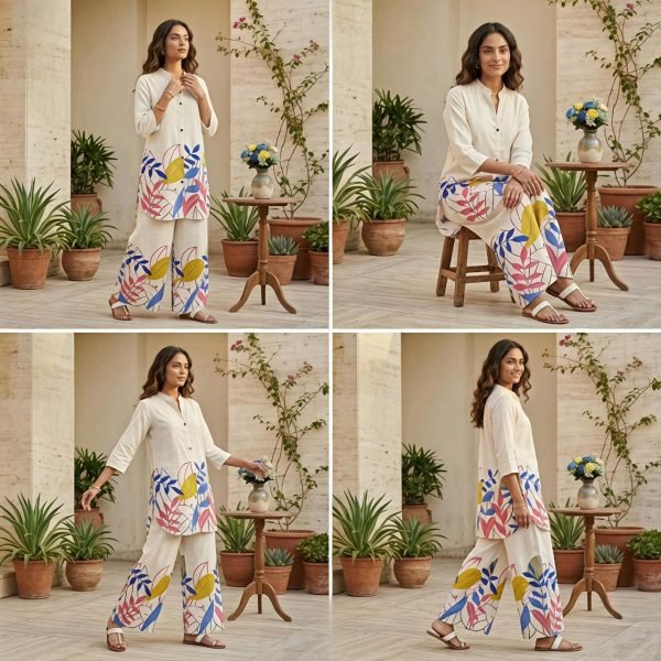 Legendary Off White Blue Flower Cotton Co Ord Set for Office and Travel Wear CO ORD Sets