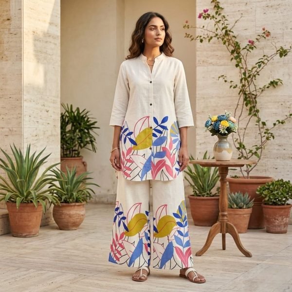 Legendary Off White Blue Flower Cotton Co Ord Set for Office and Travel Wear CO ORD Sets