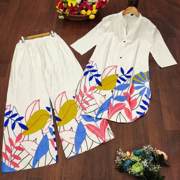 Legendary Off White Blue Flower Cotton Co Ord Set for Office and Travel Wear CO ORD Sets