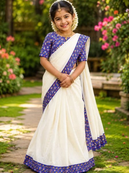 Legendary OffWhite Kids Ready to Wear Silk Finish Saree with Designer Blouse Kurtis