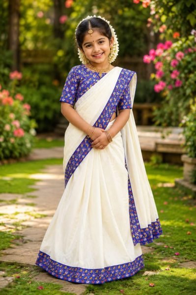 Legendary OffWhite Kids Ready to Wear Silk Finish Saree with Designer Blouse Girls Wear