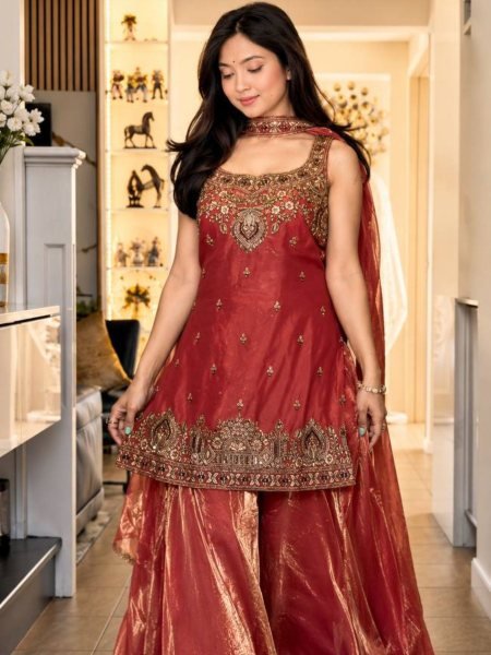 Legendary Orange Pure Frendy Silk Embroidered Kurti Palazzo Set with Hand Beads Work 