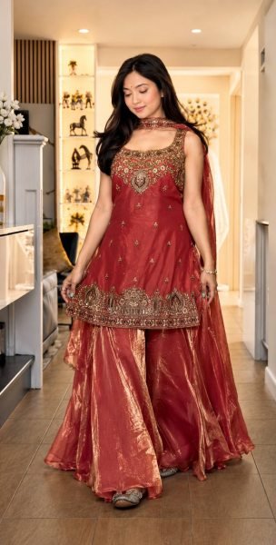 Legendary Orange Pure Frendy Silk Embroidered Kurti Palazzo Set with Hand Beads Work Ready To Wear Collection