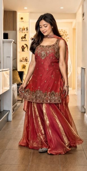 Legendary Orange Pure Frendy Silk Embroidered Kurti Palazzo Set with Hand Beads Work Ready To Wear Collection