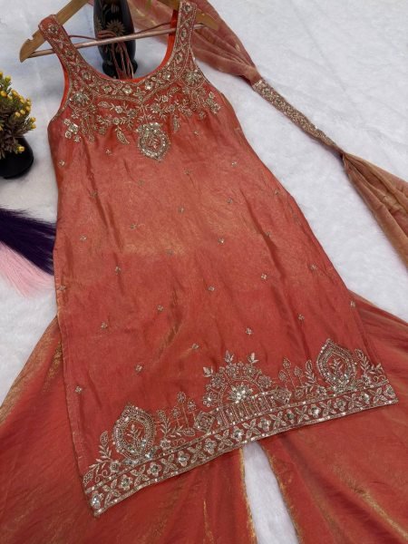Legendary Orange Pure Frendy Silk Embroidered Kurti Palazzo Set with Hand Beads Work Ready To Wear Collection