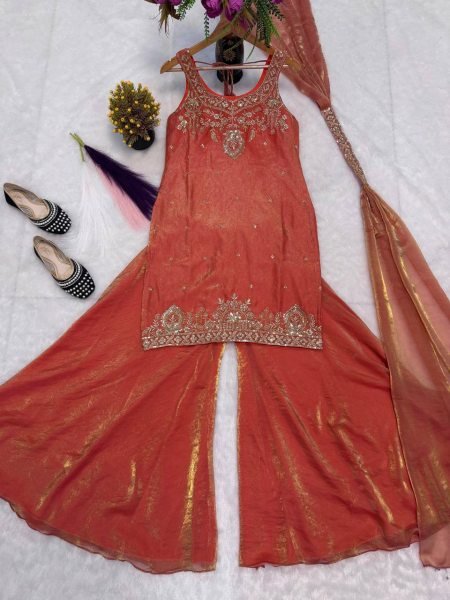 Legendary Orange Pure Frendy Silk Embroidered Kurti Palazzo Set with Hand Beads Work Ready To Wear Collection