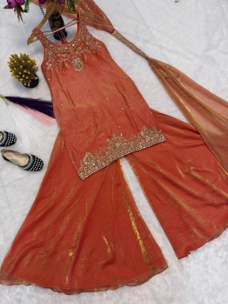 Legendary Orange Pure Frendy Silk Embroidered Kurti Palazzo Set with Hand Beads Work Ready To Wear Collection