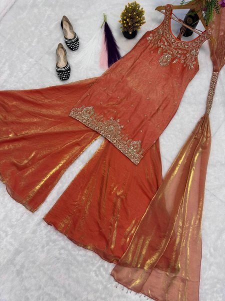 Legendary Orange Pure Frendy Silk Embroidered Kurti Palazzo Set with Hand Beads Work Ready To Wear Collection