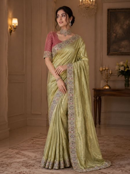 Legendary Parrot Green Wedding Wear Soft Silk Saree with Jarkan and Sequins Work Sarees 