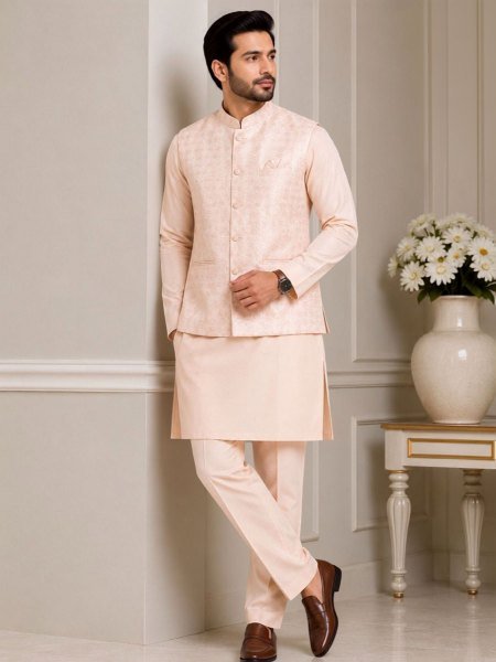 Legendary Peach Boutique Style Silk Kurta Pajama with Traditional Jacquard Waistcoat