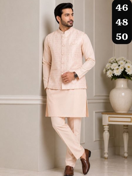 Legendary Peach Boutique Style Silk Kurta Pajama with Traditional Jacquard Waistcoat Kurta Pajama Wholesale
