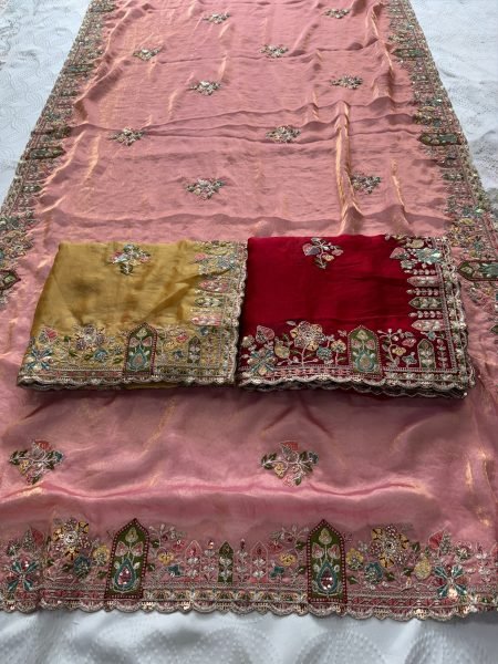 Legendary Peach Fancy Wedding Special Saree with Slub Silk Embroidered Blouse Piece Designer Wedding Sarees Wholesale