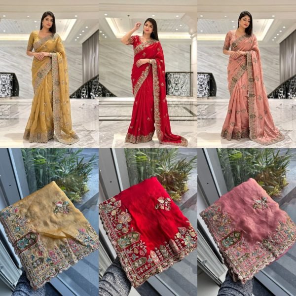 Legendary Peach Fancy Wedding Special Saree with Slub Silk Embroidered Blouse Piece Designer Wedding Sarees Wholesale