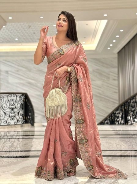 Legendary Peach Fancy Wedding Special Saree with Slub Silk Embroidered Blouse Piece Designer Wedding Sarees Wholesale