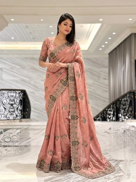 Legendary Peach Fancy Wedding Special Saree with Slub Silk Embroidered Blouse Piece Designer Wedding Sarees Wholesale