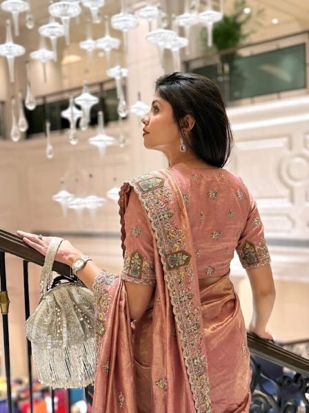 Legendary Peach Fancy Wedding Special Saree with Slub Silk Embroidered Blouse Piece Designer Wedding Sarees Wholesale