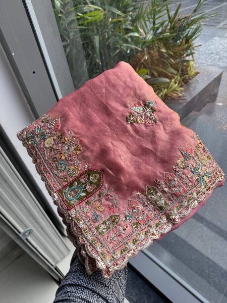 Legendary Peach Fancy Wedding Special Saree with Slub Silk Embroidered Blouse Piece Designer Wedding Sarees Wholesale