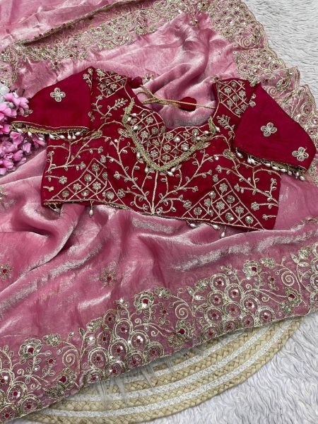 Legendary Pink Fendy Satin Silk Saree with Coding Embroidery and Cutwork Border Silk Sarees Wholesale