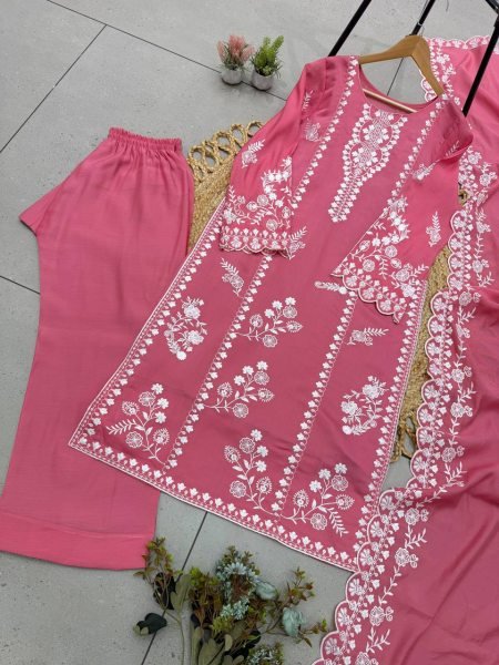 Legendary Pink Mul Chanderi Embroidered Top Pant Dupatta Set with Cut Work Ready To Wear Collection