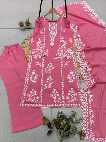 Legendary Pink Mul Chanderi Embroidered Top Pant Dupatta Set with Cut Work Ready To Wear Collection
