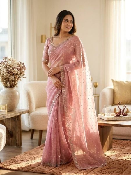 Legendary Pink NC Moss Butti Saree with Real Mirror Embroidered Blouse at Factory Price 