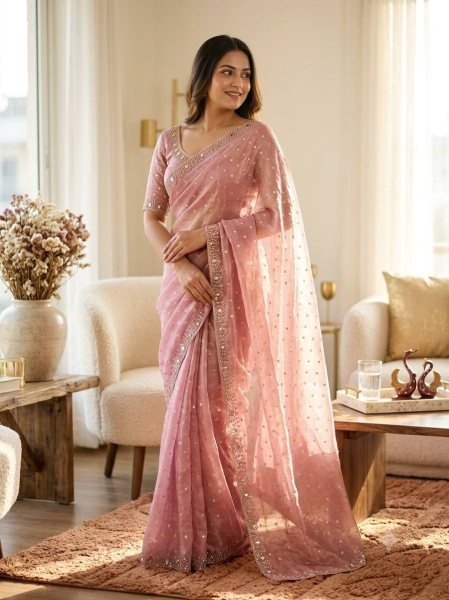Legendary Pink NC Moss Butti Saree with Real Mirror Embroidered Blouse at Factory Price Designer Wedding Sarees Wholesale