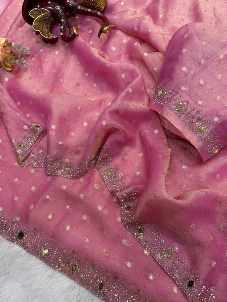 Legendary Pink NC Moss Butti Saree with Real Mirror Embroidered Blouse at Factory Price Designer Wedding Sarees Wholesale