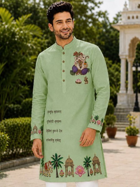 Legendary Pista Ganpati Festival Printed Cotton Kurta Collection for Men at Wholesale Rate Kurta Pajama Wholesale