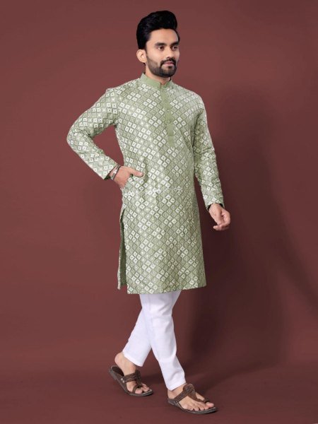 Legendary Pista Men's Ethnic Soft Silk Kurta with Designer White Embroidery and Sequins Mens Wear