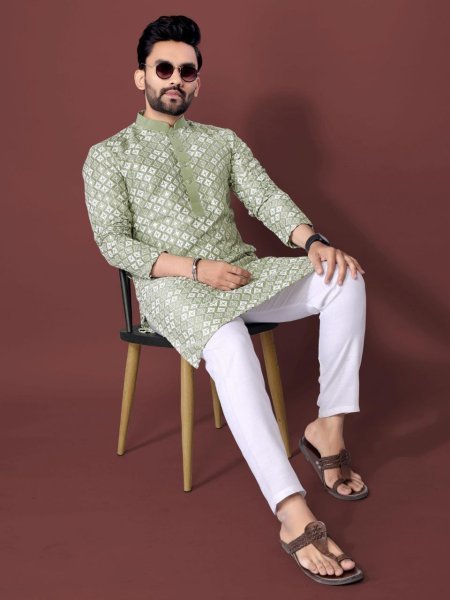 Legendary Pista Men's Ethnic Soft Silk Kurta with Designer White Embroidery and Sequins Kurta Pajama Wholesale
