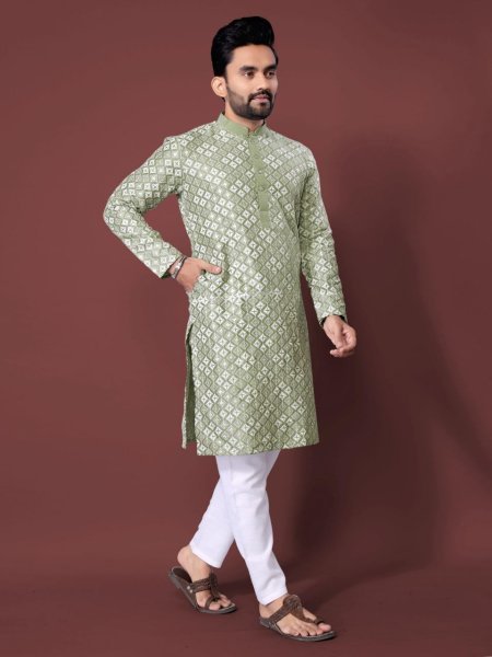 Legendary Pista Men's Ethnic Soft Silk Kurta with Designer White Embroidery and Sequins Kurta Pajama Wholesale