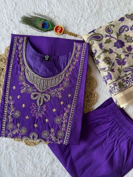 Legendary Purple Violet Roman Silk Kurti Pant Dupatta Set with Beads Work  Embroidery Kurtis 