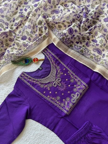 Legendary Purple Violet Roman Silk Kurti Pant Dupatta Set with Beads Work  Embroidery Kurtis 